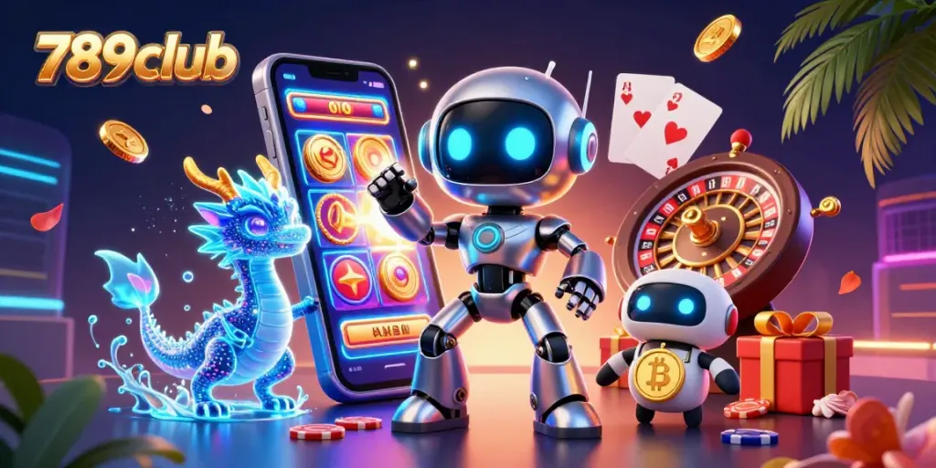 Play thrilling games at 789club with an ultra-detailed digital casino scene, vibrant characters, and dynamic elements.