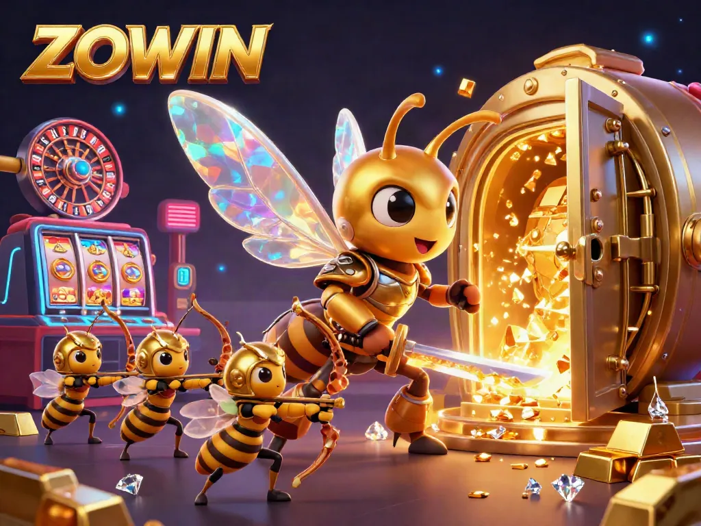 ZOWIN captivates with a golden hornet in samurai armor, revealing vibrant casino treasures and energetic gameplay.