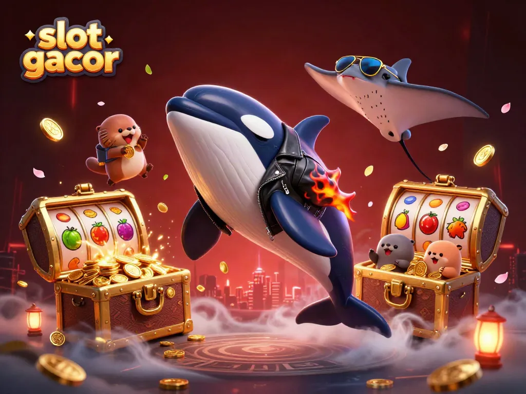 A 3D cartoon illustration featuring slot gacor with an orca, stingray, and sea otters celebrating jackpots.