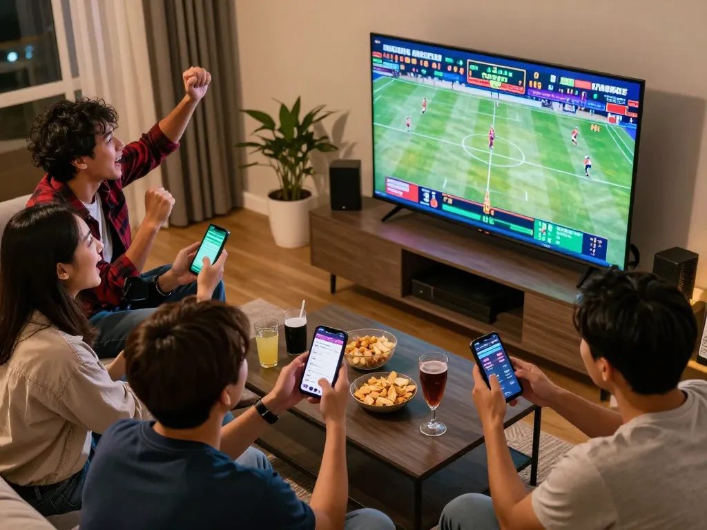 F168 friends enjoying sports betting action during a game night at home