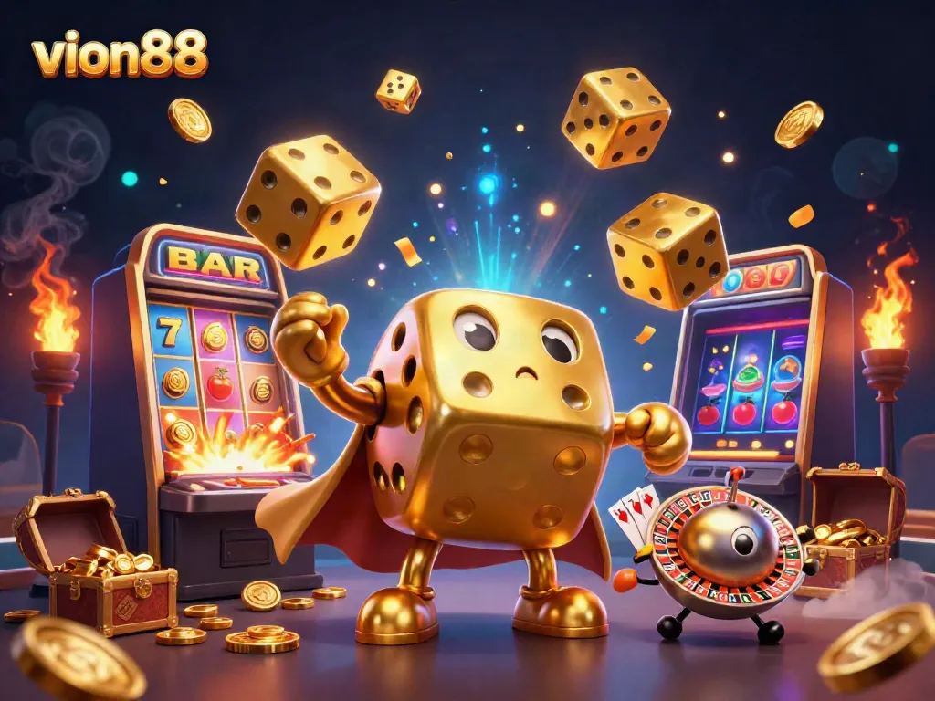 Experience the excitement of VION88 online casino with dynamic golden dice, jackpot machines, and colorful game elements.