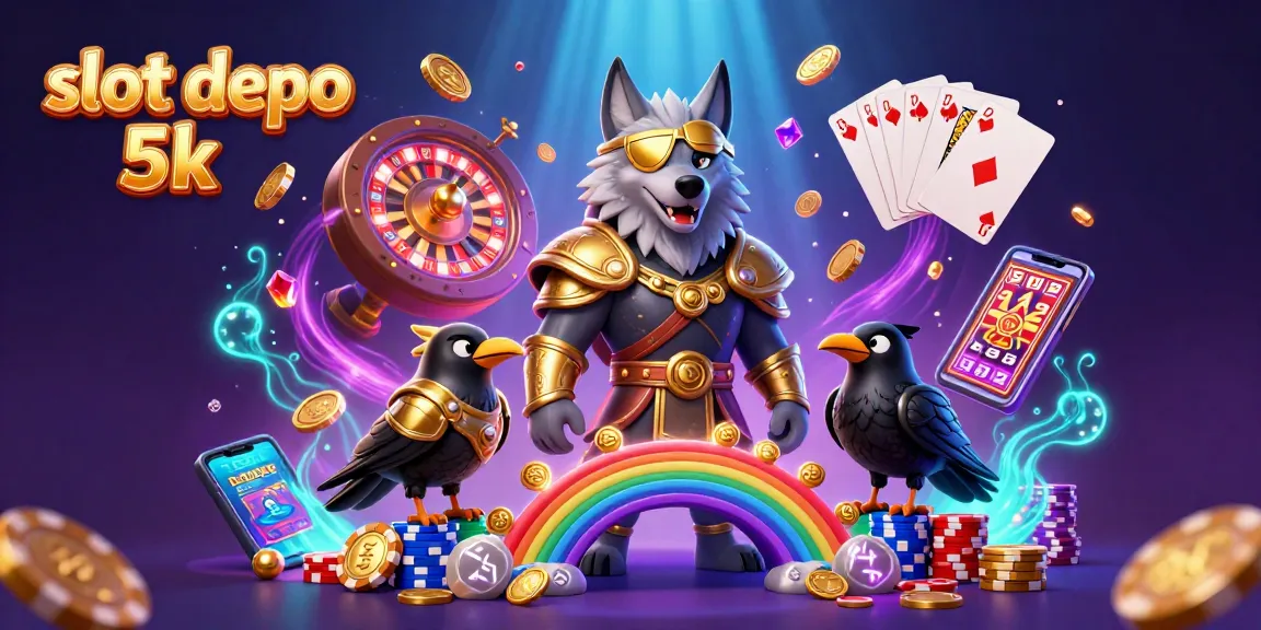 Engage in thrilling action with slot depo 5k featuring vibrant casino characters amidst sparkling gems and spinning roulette.