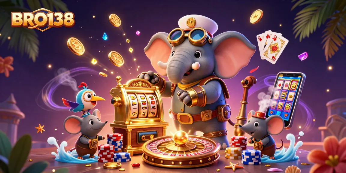 BRO138 captures winning moments with a whimsical 3D elephant engineer at a dynamic slot machine.