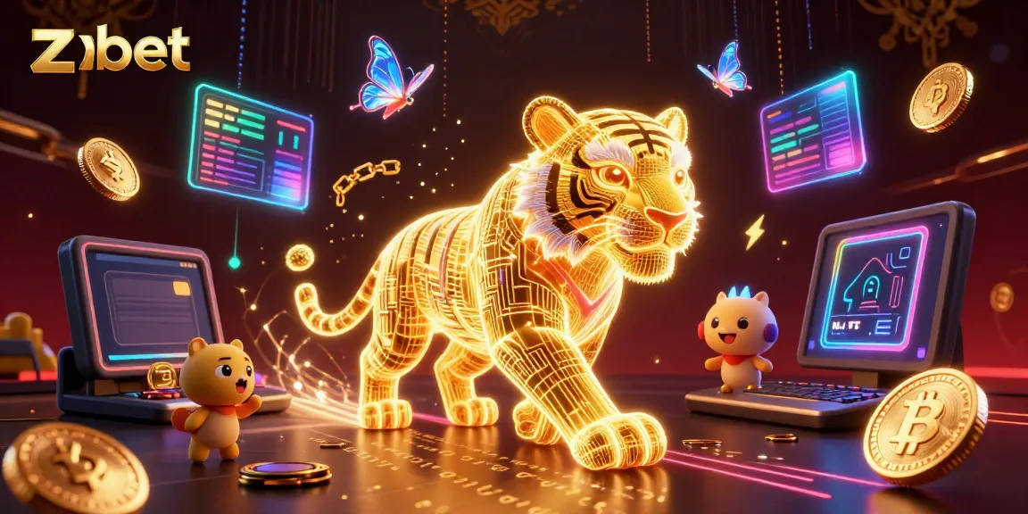 Experience exciting gameplay with zbet's vibrant 3D casino featuring a glowing tiger and crypto elements.