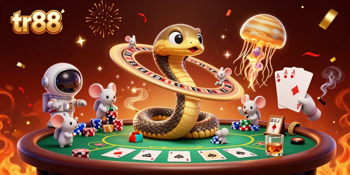 Engaging cosmic scene showcasing tr88's exciting betting experience with cartoon characters and casino elements.