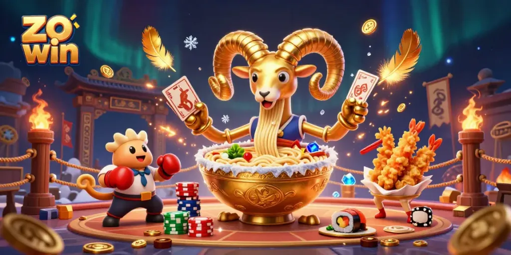 Experience thrill with zo win as a giant ramen bowl dealer engages with colorful characters in vibrant casino action.
