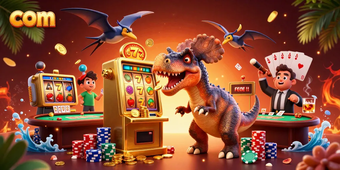 Catch jackpot wins with com slot machines in an exciting illustrated casino scene.