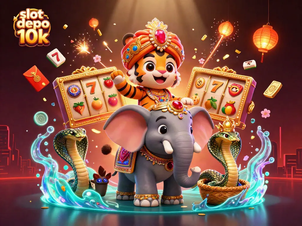 Experience the thrill of slot depo 10k with vibrant 3D illustrations showcasing games and characters.