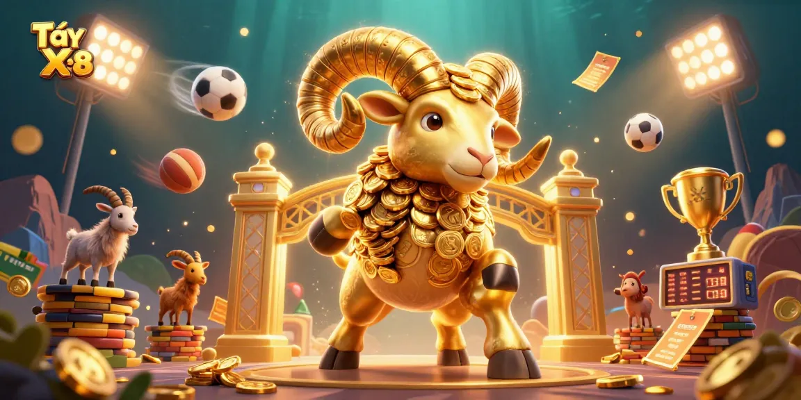 Tải Xo88 showcases a dynamic 3D casino scene with vibrant sports elements and an energetic golden ram.