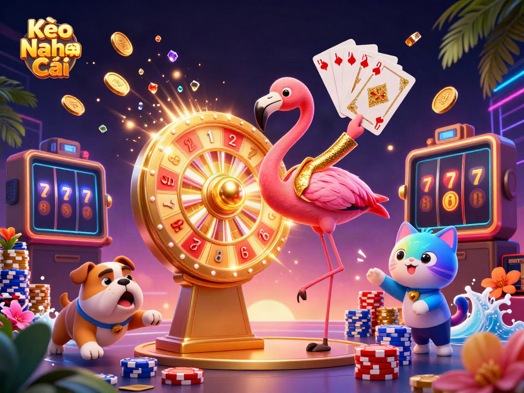 Engage in thrilling Kèo Nhà Cái moments with a show host, bulldog contestant, and scoreboard cat amidst a vibrant gaming scene.