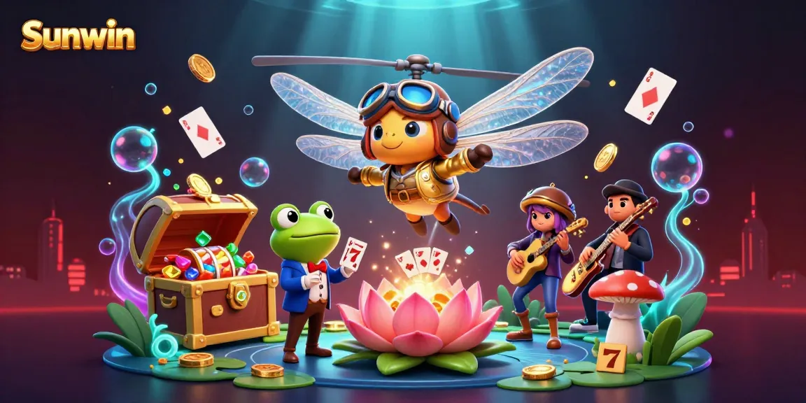 Experience thrills at Sunwin with a lively 3D casino scene featuring a dragonfly pilot and frog croupier.