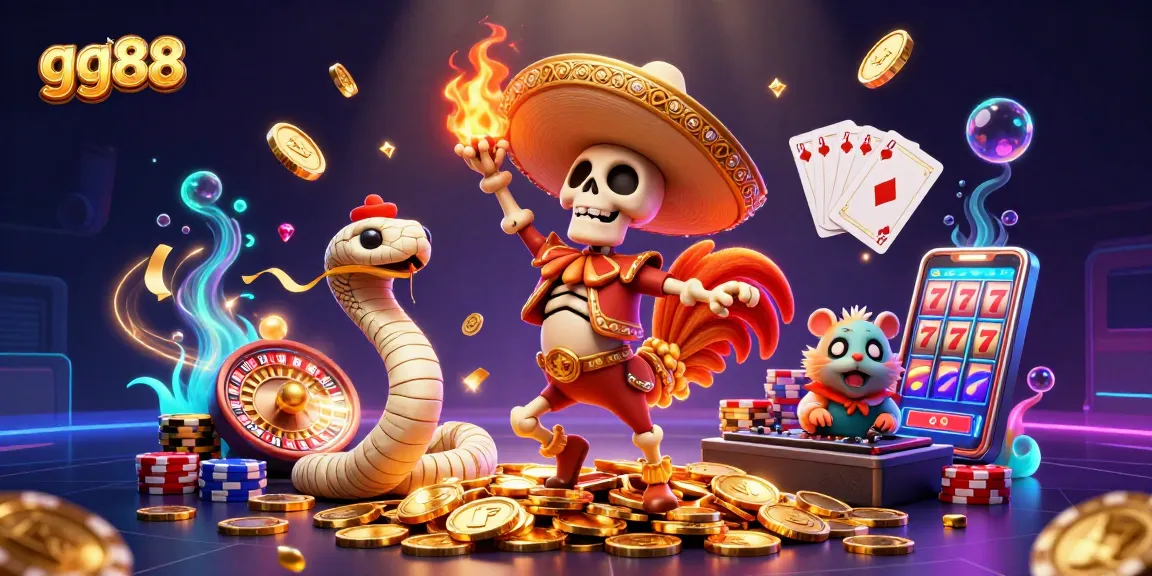 Engage with gg88's vibrant casino experience, featuring a jubilant mariachi rooster and dazzling game elements.