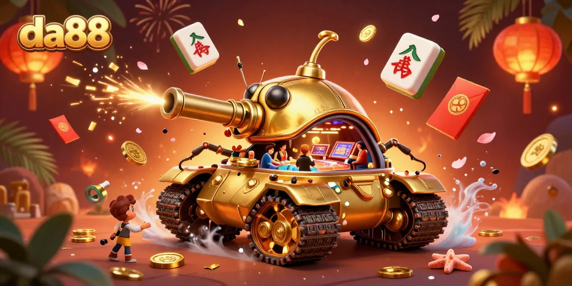 Experience da88's vibrant casino adventure inside a golden beetle tank amidst festive game elements.