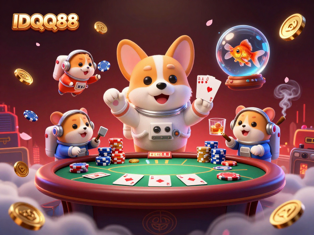 Experience the thrill of IDQQ88 with a floating corgi and poker action in a vibrant casino.
