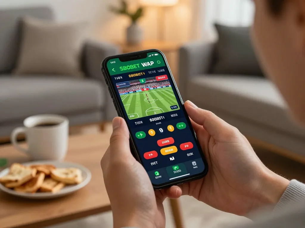 Engage in sports betting using SBOBET WAP app on smartphone in a cozy living room setting.