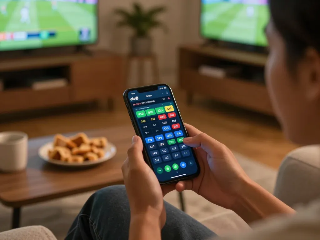 Betting on the abc8 app during a live sports event in a cozy home setting.