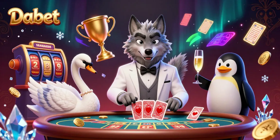 Dabet offers a rich casino experience with a debonair wolf, swan dealer, and penguin sommelier in a vibrant 3D scene.