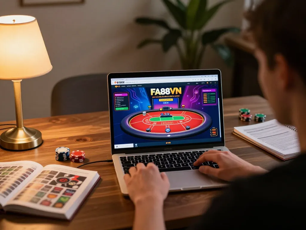 Player engaging with FA88VN's online casino gaming interface on a laptop at home
