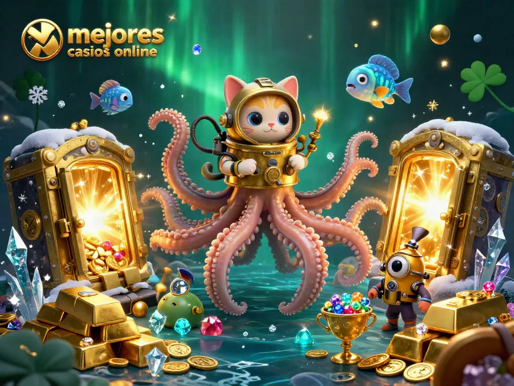 Explora los mejores casinos online a través de una escena vibrante con personajes de juego.