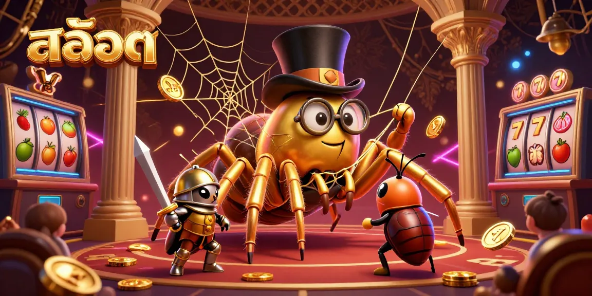Experience the thrill of สล็อต with a vibrant 3D scene featuring a golden tarantula, beetle knight, and casino elements.