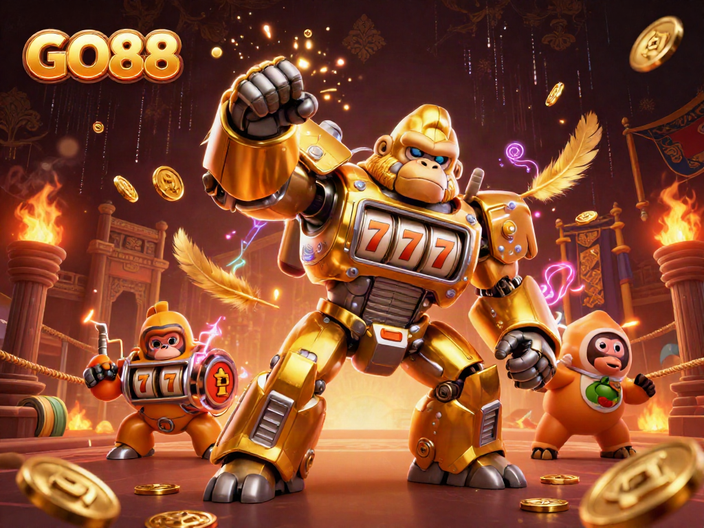 Engage with GO88's thrilling gaming experience featuring a golden gorilla mech amidst vibrant casino action.
