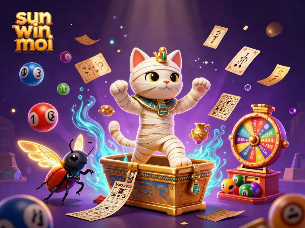 Engage with the thrilling world of sun win moi as a cartoon mummy cat bursts from a golden sarcophagus.