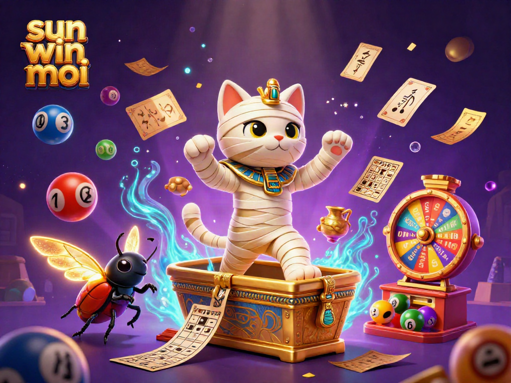 Engage with the thrilling world of sun win moi as a cartoon mummy cat bursts from a golden sarcophagus.