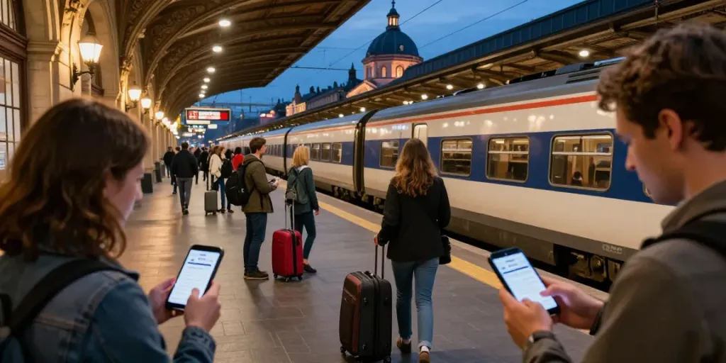 Advance train tickets in a vibrant European train station filled with eager travelers.