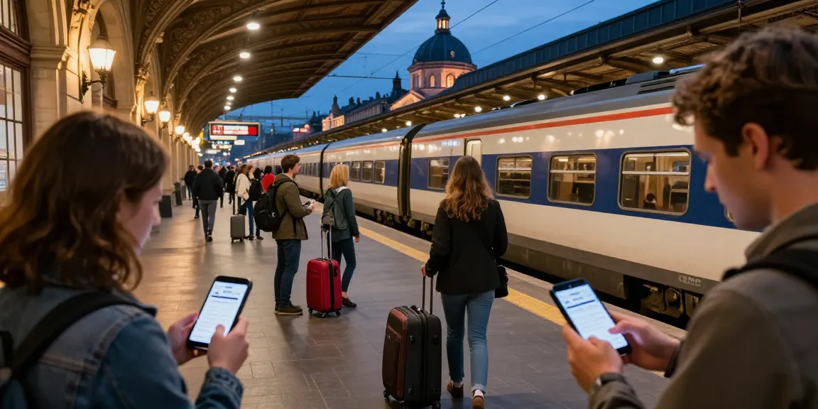 Advance train tickets in a vibrant European train station filled with eager travelers.