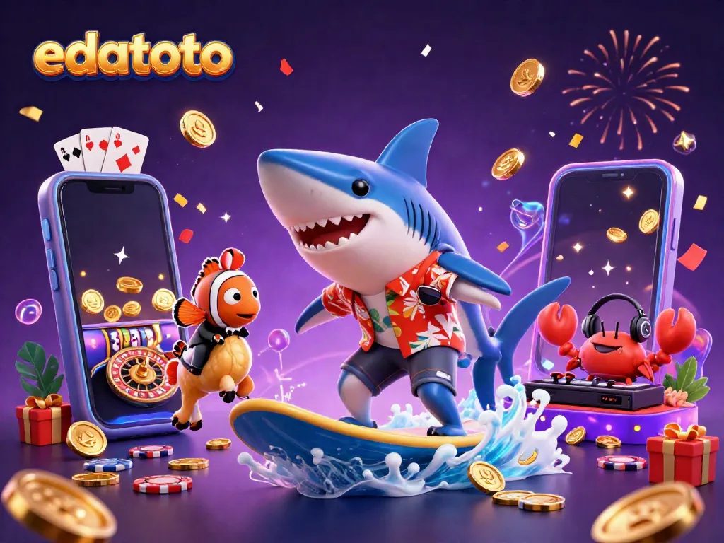 Surfing shark amidst gold coins, celebrating edatoto with colorful slot game elements.