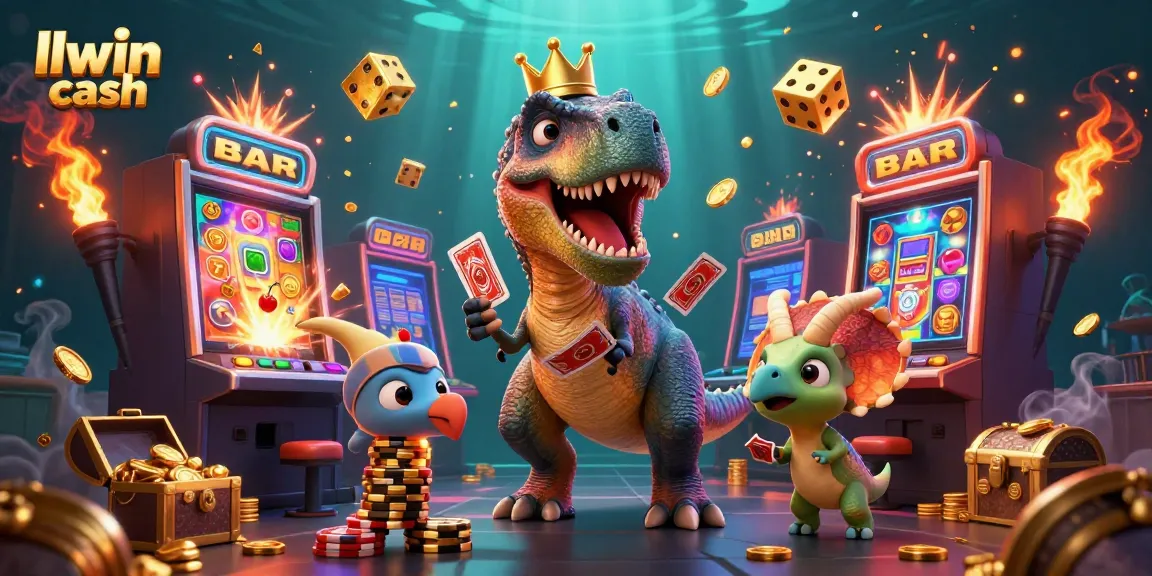 Experience thrilling gameplay at llwin cash with a cartoonish T-Rex shuffling cards and colorful casino elements.