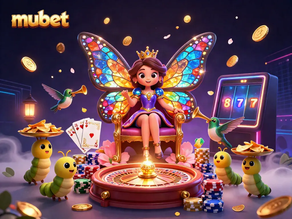 Join the action at mubet with vibrant casino elements, featuring a butterfly queen surrounded by gaming icons.