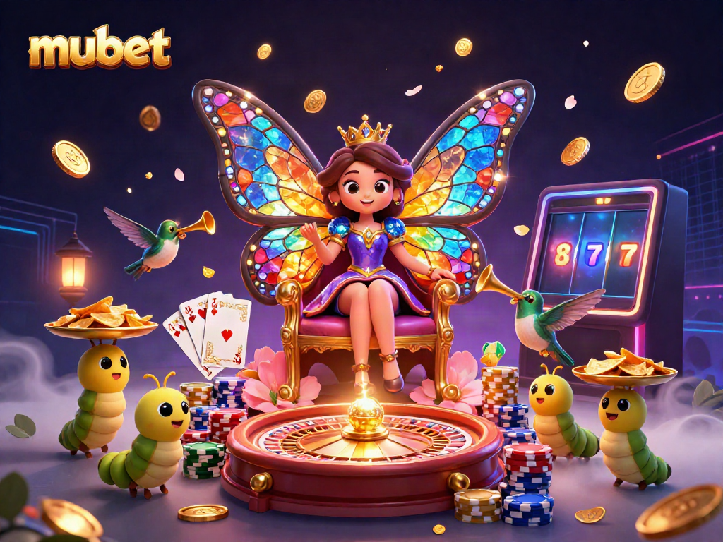Join the action at mubet with vibrant casino elements, featuring a butterfly queen surrounded by gaming icons.