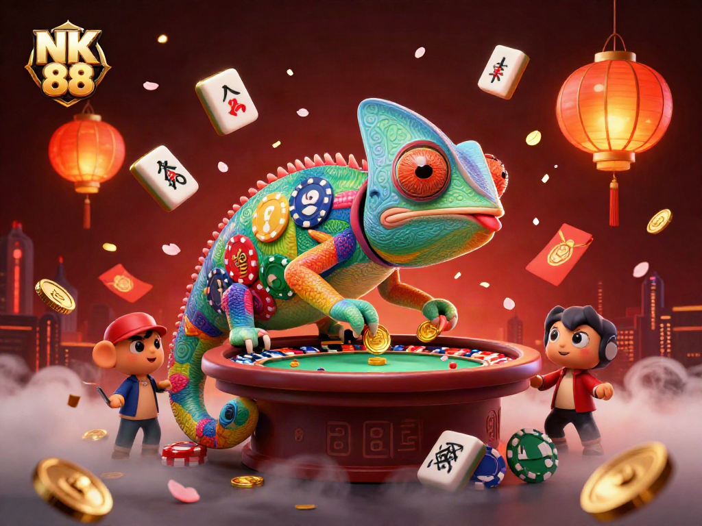 Engage with NK 88 as a vibrant chameleon casino owner amidst a lively gambling scene.