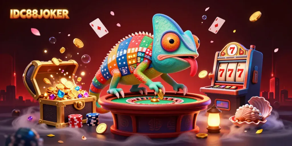 Engage with IDC88JOKER's vibrant casino world filled with playful chameleons and thrilling slot machines.