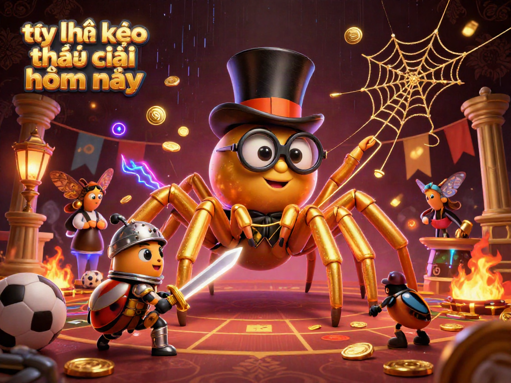 Bet on tỷ lệ kèo nhà cái hôm nay as a cartoon giant tarantula weaves a golden thread.