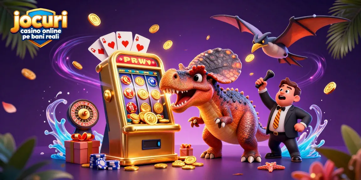Joacă jocuri casino online pe bani reali și câștigă jackpoturi în această ilustrație dinamică.