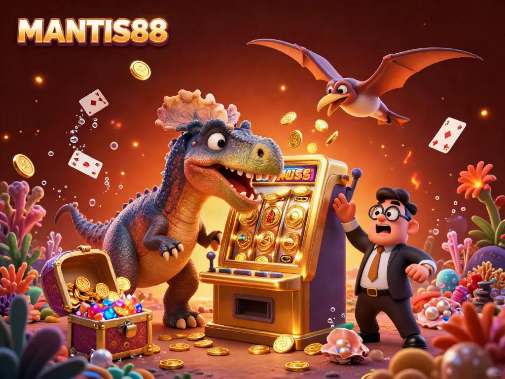 MANTIS88 leads to big wins as a pachycephalosaurus interacts with a golden slot machine in a vibrant casino setting.