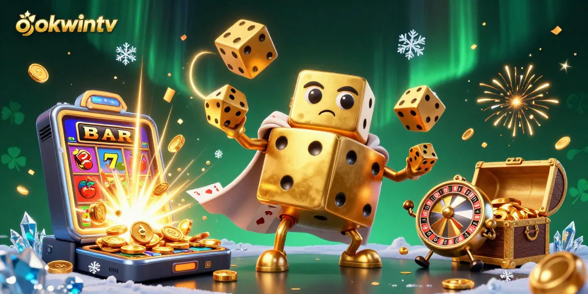 Experience thrilling gameplay at OKWINTV, with a dynamic casino scene featuring golden dice and slot excitement.