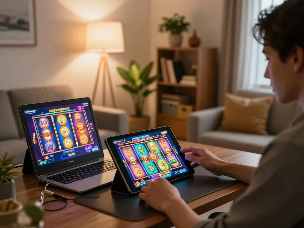 Engaged player enjoying online slot luar negeri gameplay on a tablet in a cozy living room setting