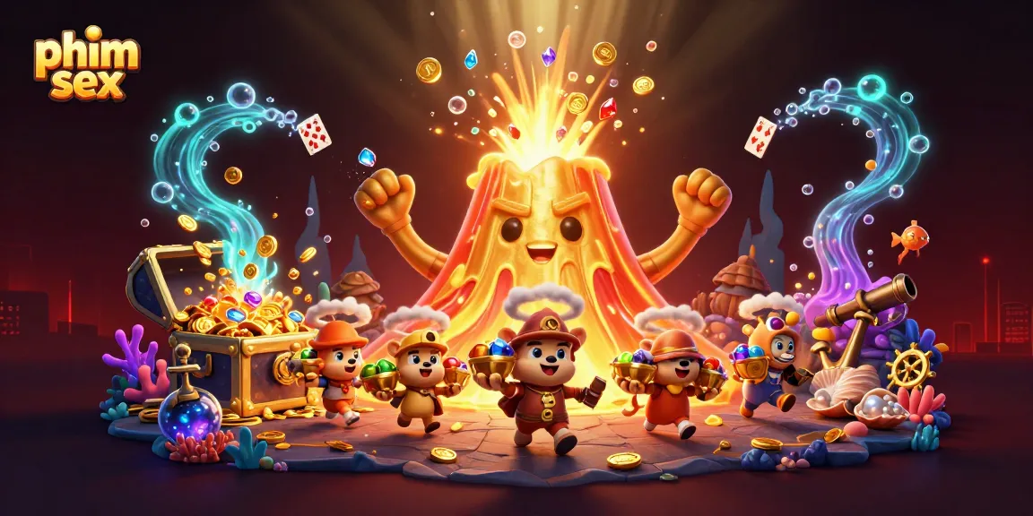 Phim sex themed illustration of a golden volcano erupting with treasure in an exciting casino scene.