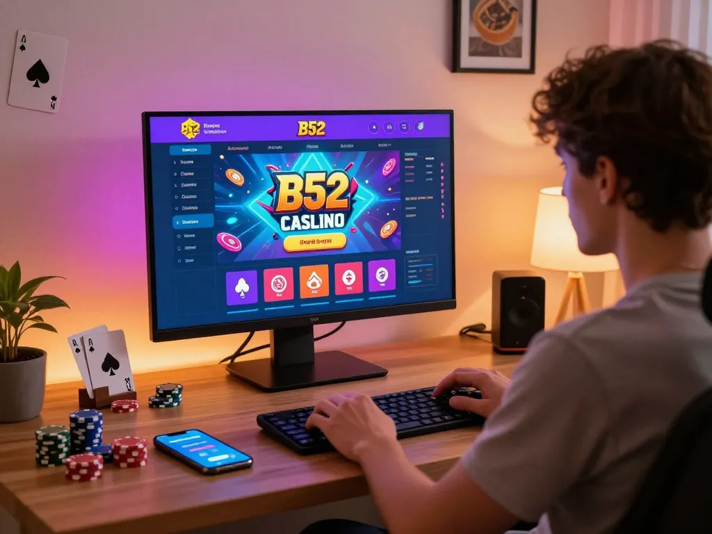b52club player engaging with online casino games on laptop while tracking betting strategies.