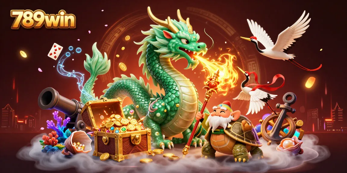 Experience thrilling wins at 789win with a vibrant 3D illustration featuring a jade dragon and lucky elements.