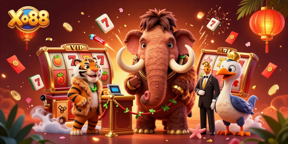 Xo88 brings excitement with a 3D casino scene featuring a woolly mammoth bouncer, a saber-tooth tiger, and rich gaming elements.