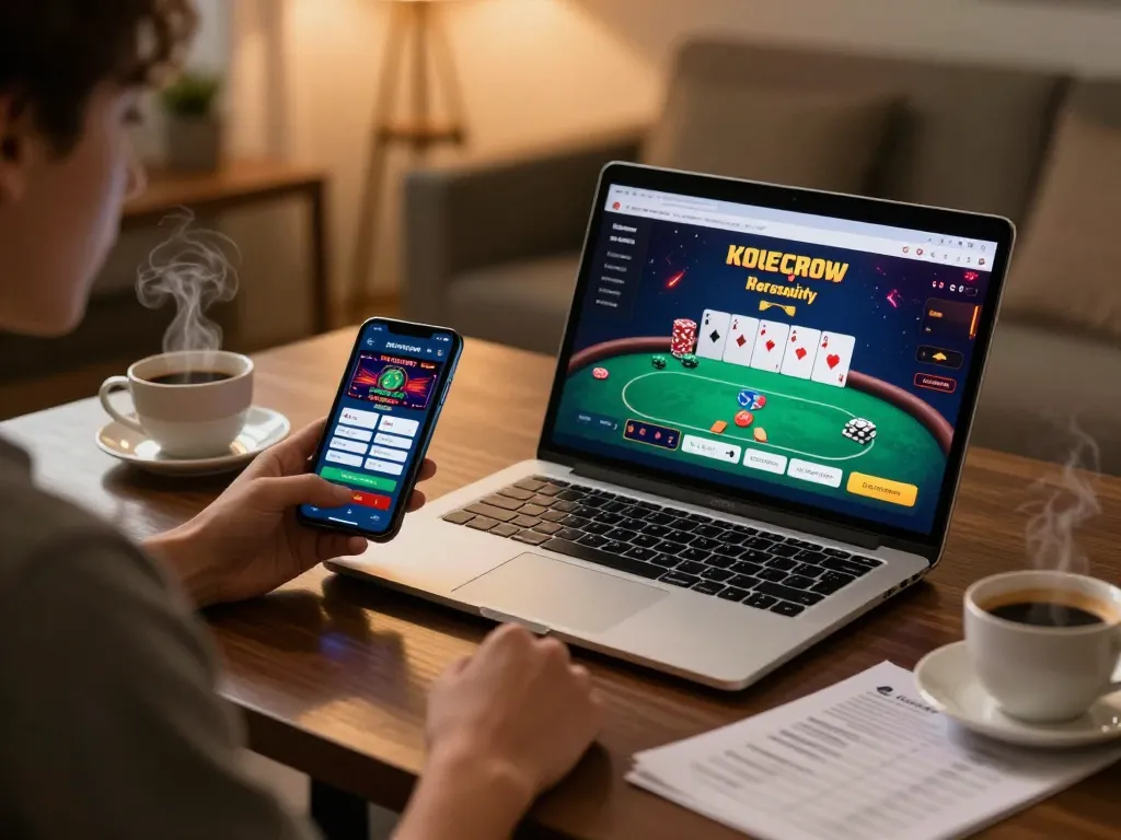 Player engaged in online poker at home using hay88x app on laptop and smartphone with strategy notes.