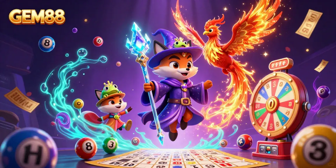Engage with GEM88 in a vibrant 3D digital illustration showcasing gaming excitement with colorful elements.