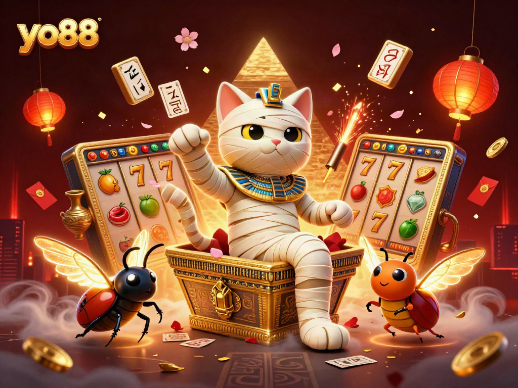 Spin to win at yo88 with a cartoon mummy cat and golden casino treasures!