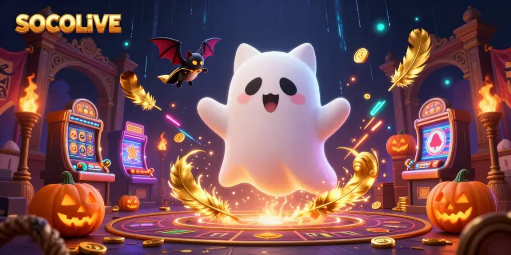 SOCOLIVE showcases a lively ghost cat and vampire bat in a haunted casino setting filled with glowing jack-o-lanterns and vibrant energy.