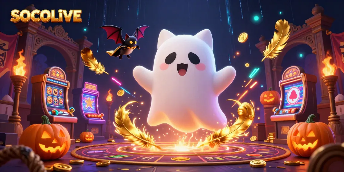 SOCOLIVE showcases a lively ghost cat and vampire bat in a haunted casino setting filled with glowing jack-o-lanterns and vibrant energy.
