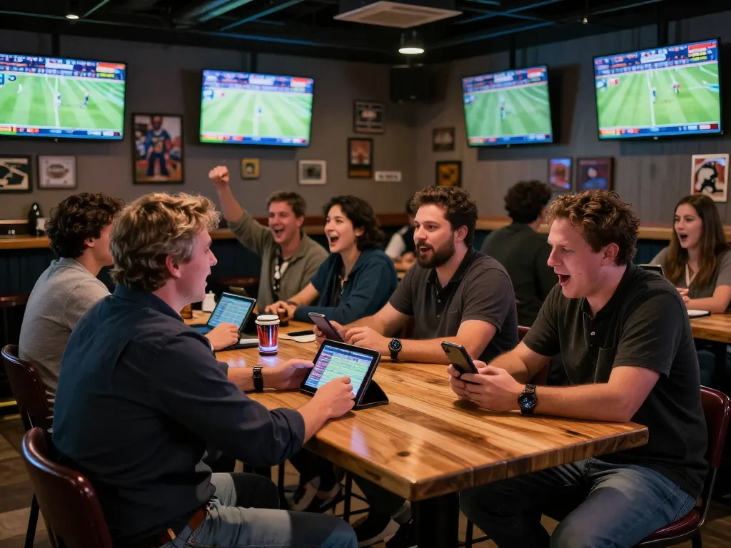 Sports bettors engaging with the keobongda app in a lively sports bar, showcasing betting excitement.